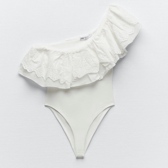 ZARA Asymmetric Ruffle Embroidered Bodysuit - Picture 4 of 4